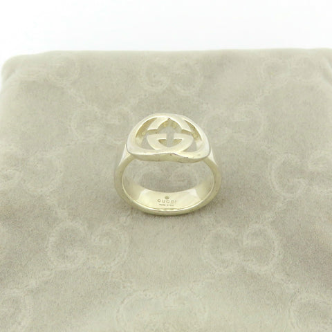 GUCCI 925 Sterling Silver Interlocking G Logo Ring Size 4.5 Authentic with Pouch
