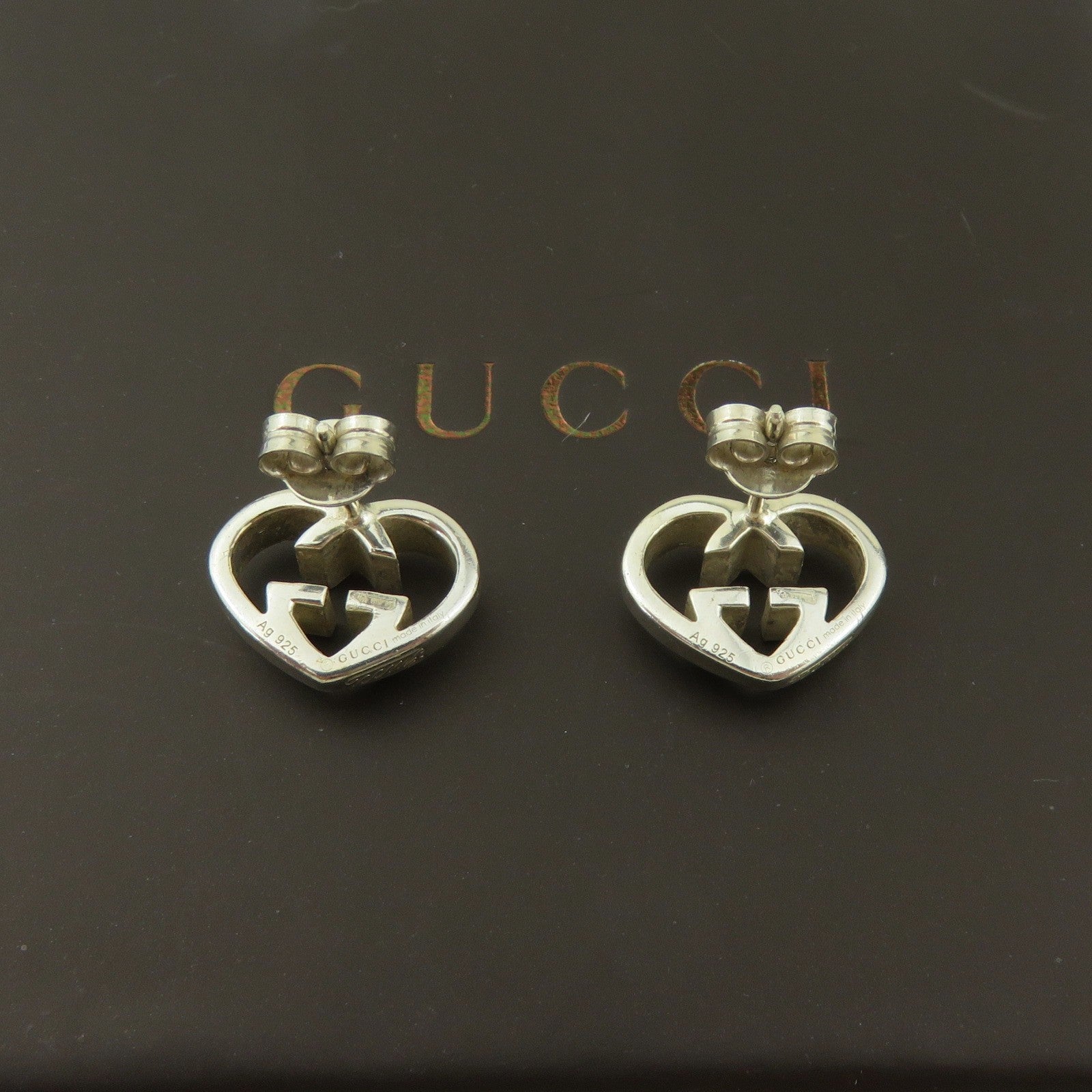 Gucci 925 Sterling Silver Interlocking G Heart Earrings Authentic with Box