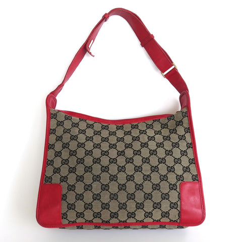 GUCCI Grey Red GG Monogram Canvas Leather Shoulder Bag Handbag Purse Authentic