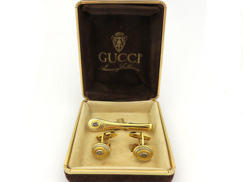 Gucci Vintage Gold Silver Tone Metal GG Oval Cufflinks Tie Clip Set