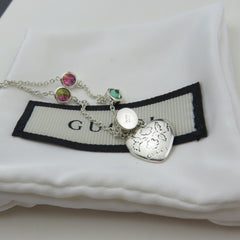 Gucci 925 Silver Red Green Rhinestones Blind for Love Heart Necklace Authentic