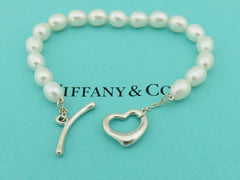 TIFFANY & CO Sterling Silver Open Heart Pearl Toggle Bracelet RRP AU$2350