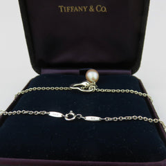 TIFFANY & CO 925 Silver Open Heart 9 mm Pearl Lariat Necklace w/ Jewelry Box