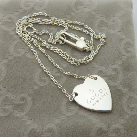 Gucci 925 Sterling Silver Trademark Heart Pendant Necklace Authentic with Pouch