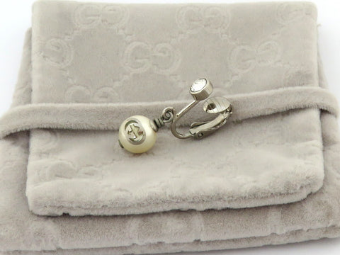 Gucci Silver Tone Metal Crystal Interlocking G Pearl  Dangle Single Earring