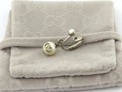 Gucci Silver Tone Metal Crystal Interlocking G Pearl  Dangle Single Earring