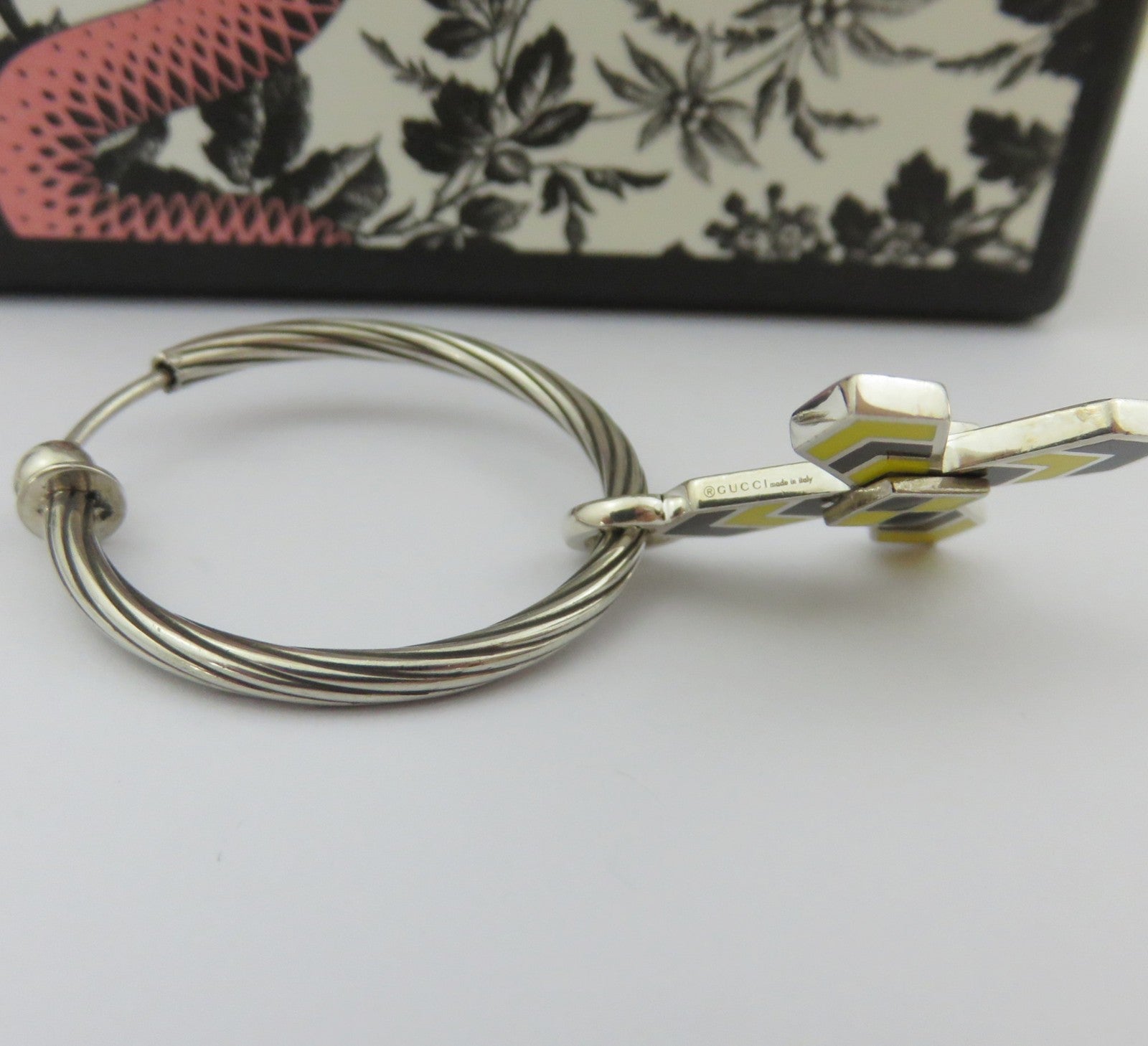 Gucci 925 Silver Black Yellow Enamel Cross Hoop Clip-on Earrings with Pouch Box