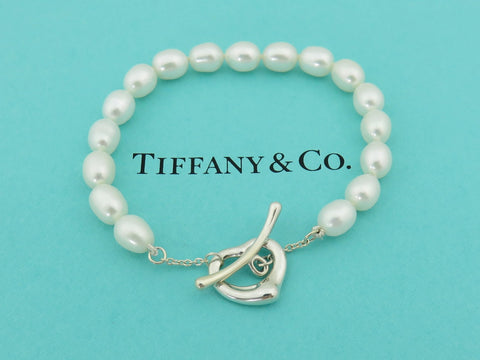 TIFFANY & CO Sterling Silver Open Heart Pearl Toggle Bracelet RRP AU$2350