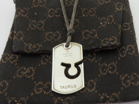 Gucci Sterling Silver Taurus Pendant Brown Cord Unisex Pendant Necklace