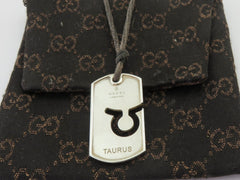 Gucci Sterling Silver Taurus Pendant Brown Cord Unisex Pendant Necklace