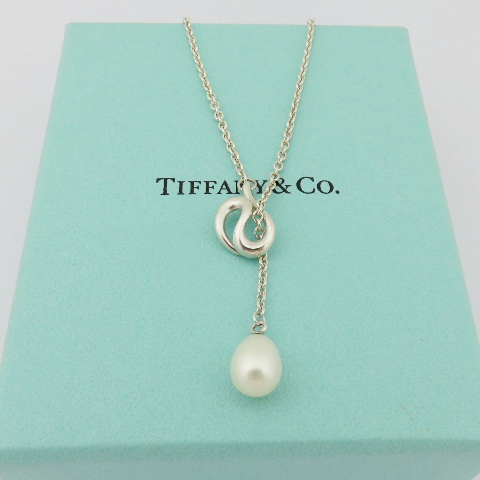 TIFFANY & CO 925 Sterling Silver Open Wave Pearl Lariat Necklace with Box