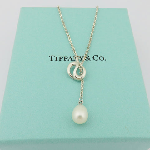 TIFFANY & CO 925 Sterling Silver Open Wave Pearl Lariat Necklace with Box