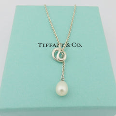 TIFFANY & CO 925 Sterling Silver Open Wave Pearl Lariat Necklace with Box