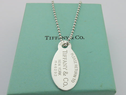 TIFFANY & CO Silver Return to TIFFANY Oval Tag Long Beaded Chain Unisex Necklace