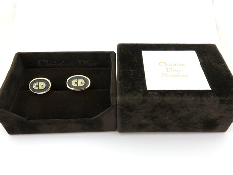 Christian Dior Gold Tone Metal Black Enamel Rhinestone CD Logo Cufflinks