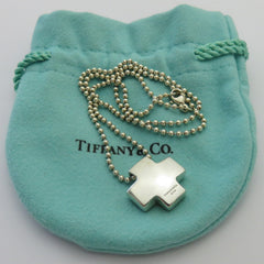 TIFFANY & CO 925 Sterling Silver Cross Bead Chain Pendant Necklace