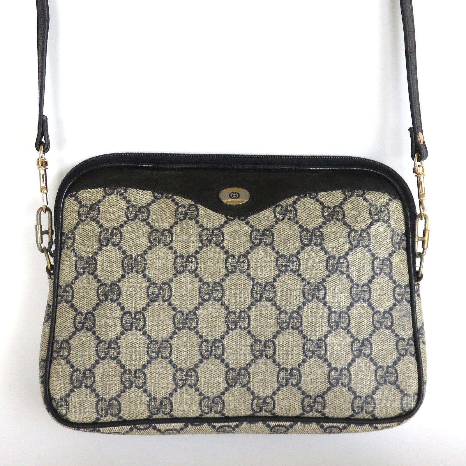 GUCCI Vintage Navy Blue Grey GG Monogram Canvas Leather Cross Body Bag Authentic