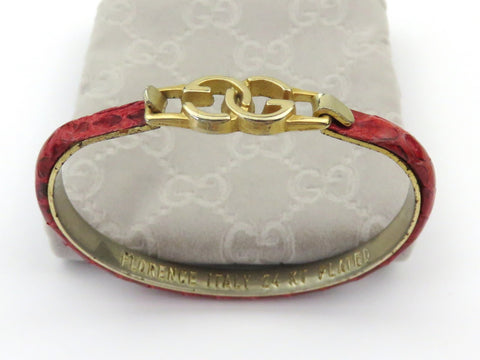 GUCCI Red Leather 24KT Gold Plated Metal GG Bangle Price Includes US Tariff