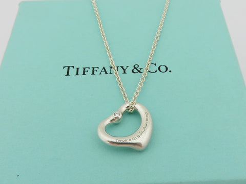 TIFFANY & CO Sterling Silver Open Heart Two Diamonds Pendant Necklace