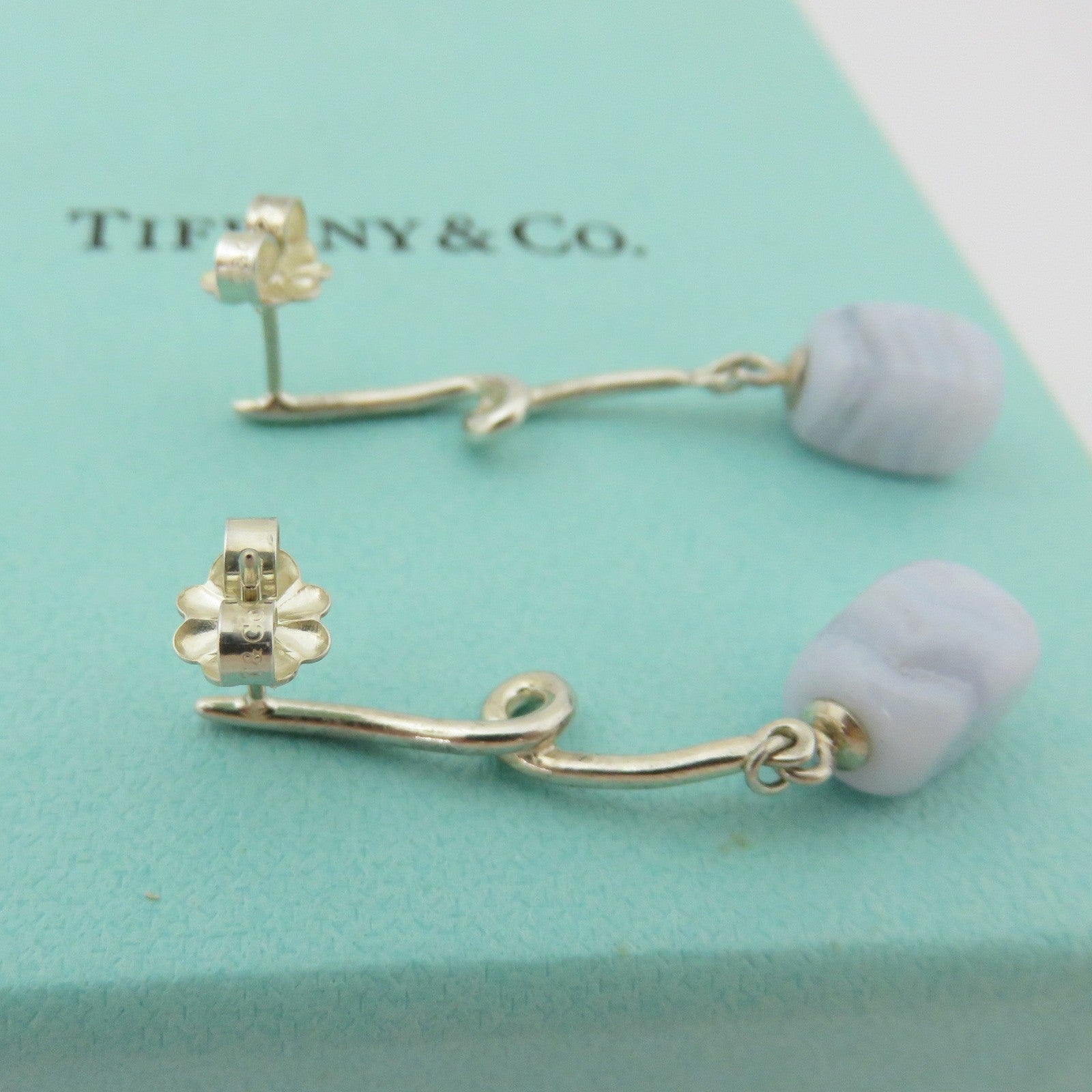 TIFFANY & CO 925 Silver Blue Lace Agate Twist Dangle Drop Earring with Box Rare