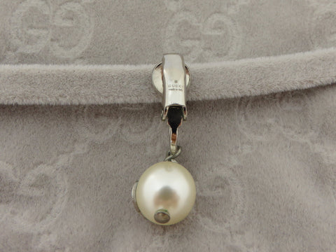 Gucci Silver Tone Metal Crystal Interlocking G Pearl  Dangle Single Earring