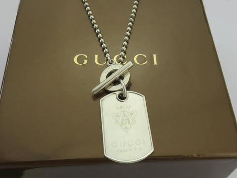 Gucci Sterling Silver Logo Bar Dog Tag Ball Chain Unisex Toggle Pendant Necklace
