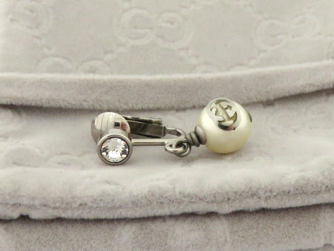 Gucci Silver Tone Metal Crystal Interlocking G Pearl  Dangle Single Earring