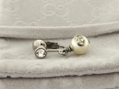 Gucci Silver Tone Metal Crystal Interlocking G Pearl  Dangle Single Earring