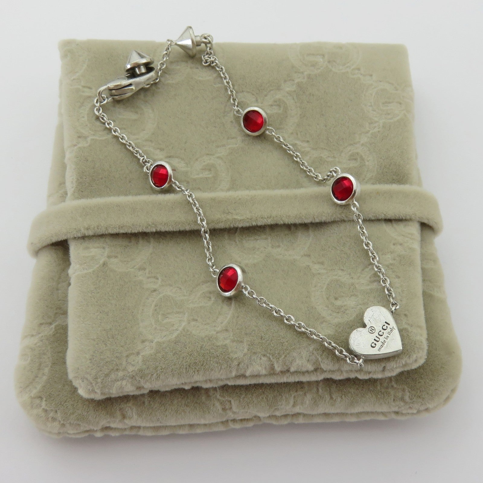 Gucci 925 Sterling Silver 4 Stone Links Heart Tag Bracelet with Pouch