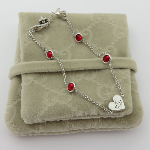 Gucci 925 Sterling Silver 4 Stone Links Heart Tag Bracelet with Pouch