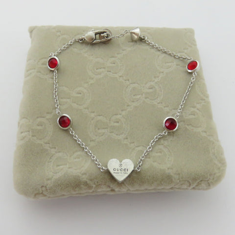 Gucci 925 Sterling Silver 4 Stone Links Heart Tag Bracelet with Pouch