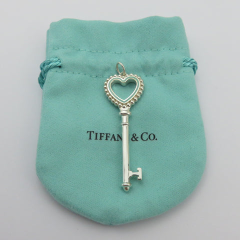 Tiffany & Co 925 Silver Blue Enamel Large Beaded Heart Key Pendant Charm Pouch