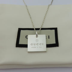 Gucci 925 Sterling Silver Square Tag Unisex Pendant Necklace with Pouch
