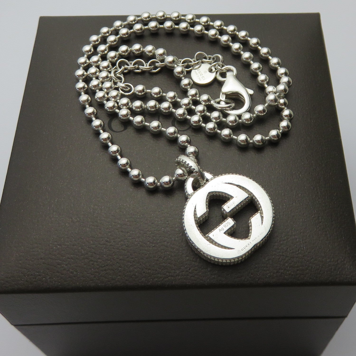 Gucci 925 Sterling Silver Interlocking G Ball Chain Unisex Necklace with Box