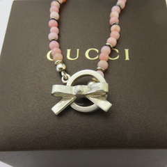 GUCCI 925 Sterling Silver Pink Beads Ribbon Toggle Choker Necklace with Box