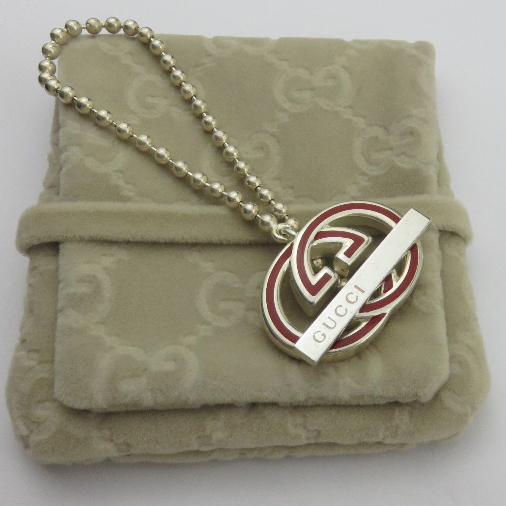 Gucci 925 Sterling Silver Red Enamel Interlocking G Toggle Bracelet with Pouch