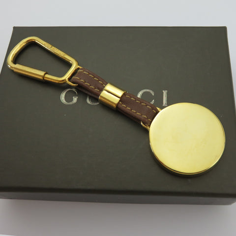 Gucci Gold Silver Tone Metal Brown Leather Round Logo Keyring with Box