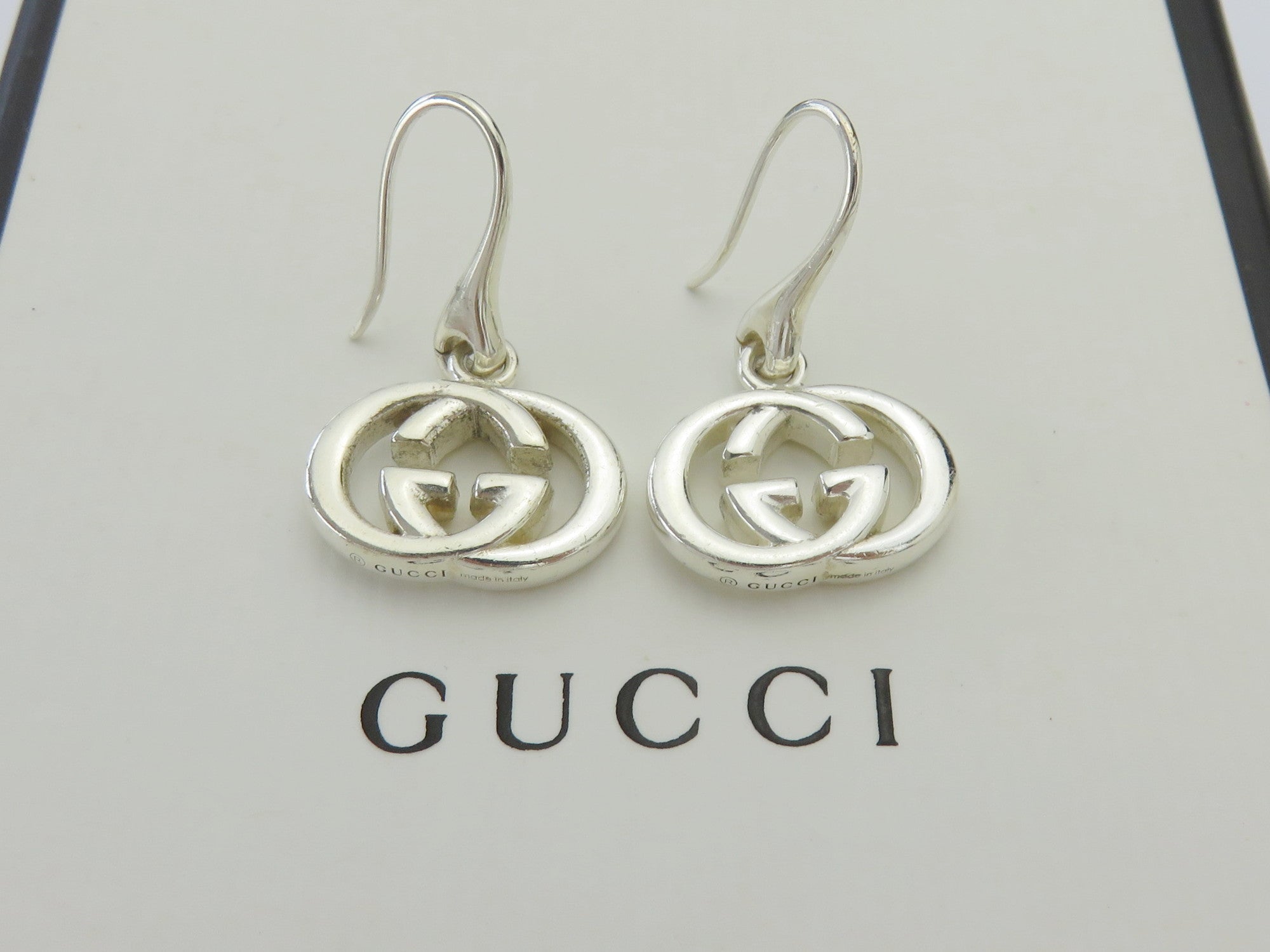 Gucci 925 Silver Interlocking G Dangle Earrings with Box Pouch Made in Italy