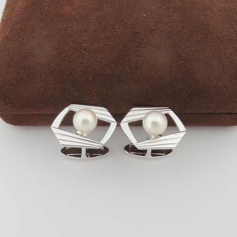Mikimoto 925 Silver 7mm Akoya Pearl Geometric Cufflinks Tie Tack Set with Box