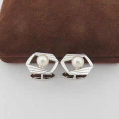 Mikimoto 925 Silver 7mm Akoya Pearl Geometric Cufflinks Tie Tack Set with Box