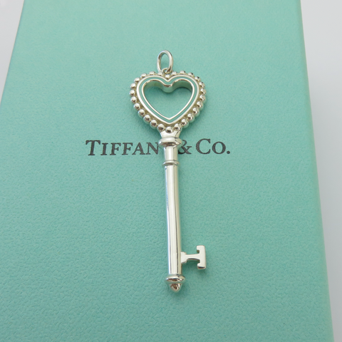 Tiffany & Co 925 Steling Silver Blue Enamel Large Beaded Heart Key Pendant Charm