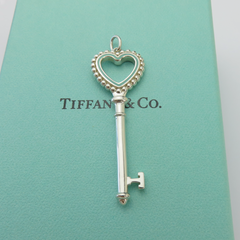 Tiffany & Co 925 Steling Silver Blue Enamel Large Beaded Heart Key Pendant Charm