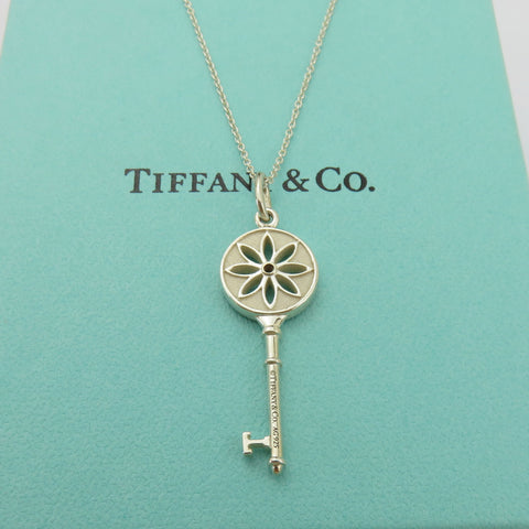 TIFFANY & CO 925 Silver Daisy Flower Key Diamond Necklace with Pouch Box