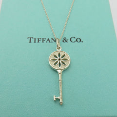 TIFFANY & CO 925 Silver Daisy Flower Key Diamond Necklace with Pouch Box