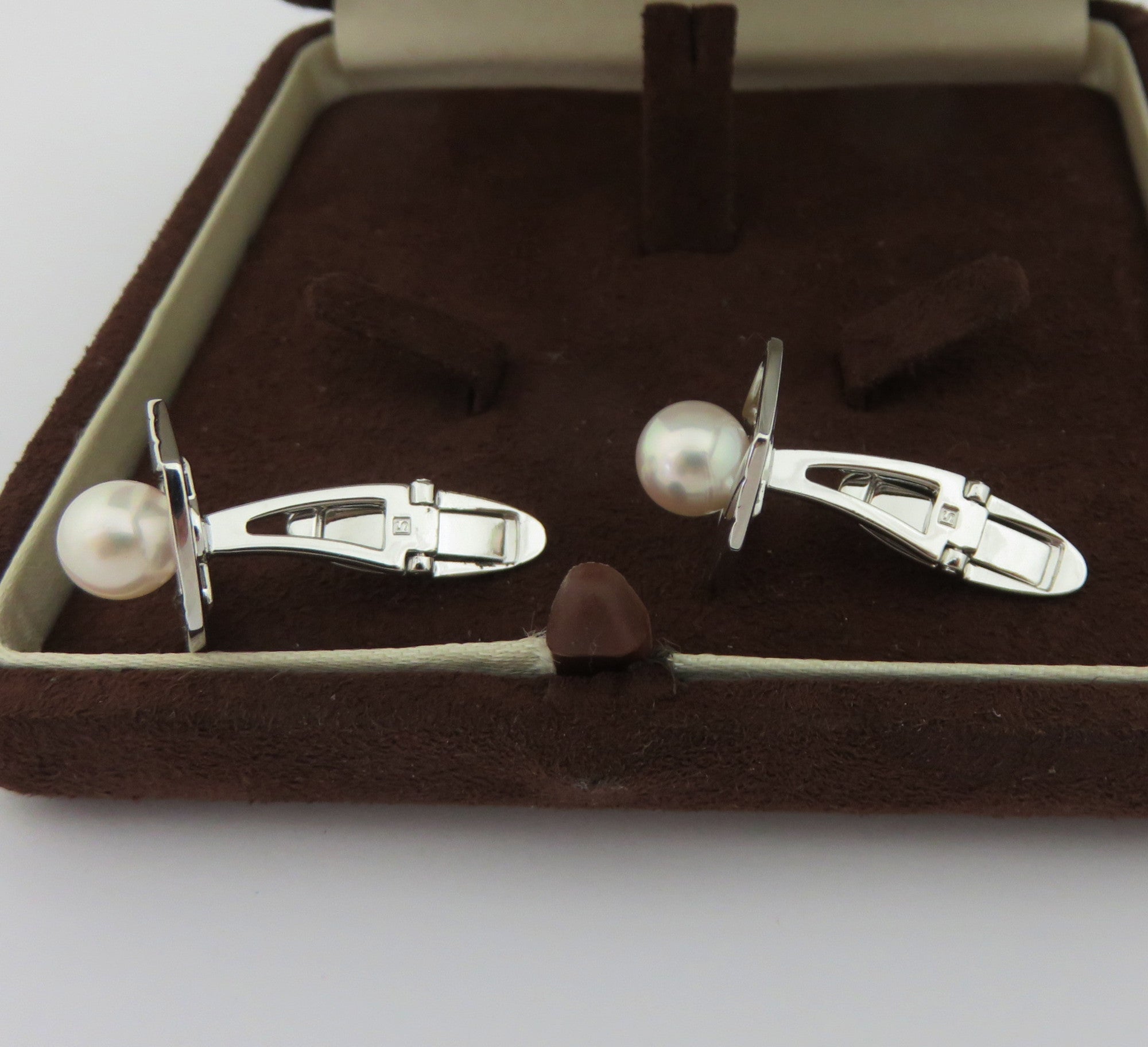 Mikimoto 925 Silver 7mm Akoya Pearl Geometric Cufflinks Tie Tack Set with Box