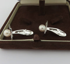 Mikimoto 925 Silver 7mm Akoya Pearl Geometric Cufflinks Tie Tack Set with Box
