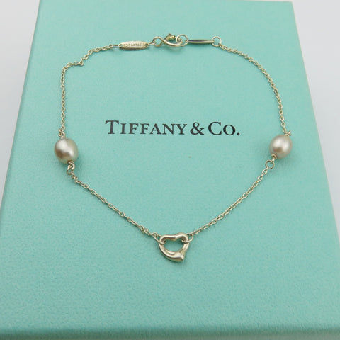 TIFFANY & CO 925 Silver Pearls By The Yard Open Heart Bracelet with Box
