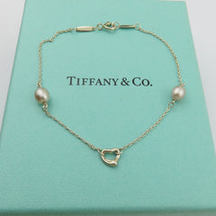 TIFFANY & CO 925 Silver Pearls By The Yard Open Heart Bracelet with Pouch Box
