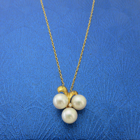Mikimoto K18 Yellow Gold 6.3 mm Akoya Pearl Cluster Diamond Necklace 38cm