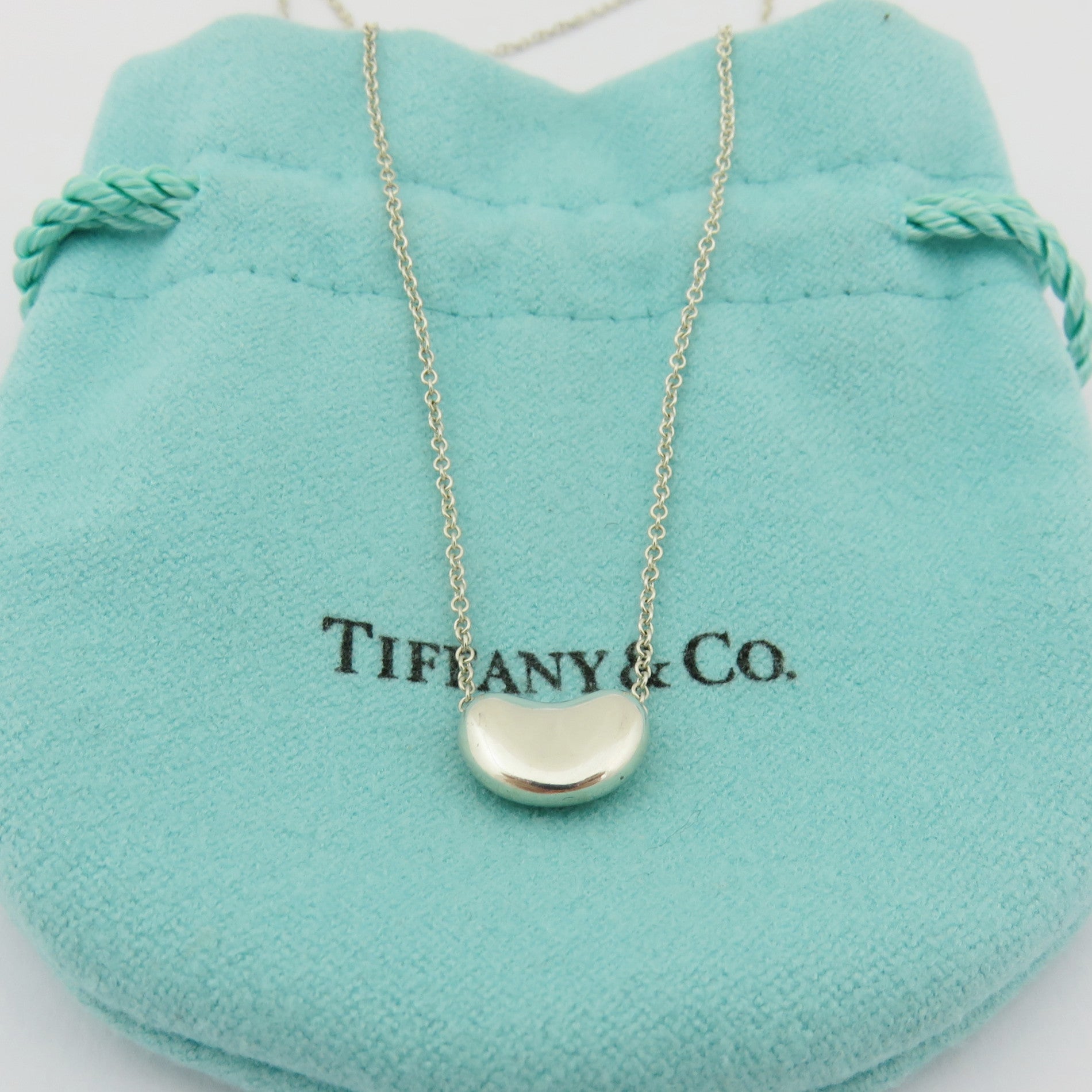 TIFFANY & CO 925 Sterling Silver Small Bean Pendant Necklace with Pouch
